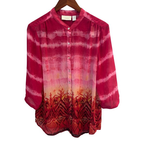 Chico's Women's Sheer Tunic Blouse Size 2 Large Mandarin Collar Button-Up Pink - Picture 1 of 7